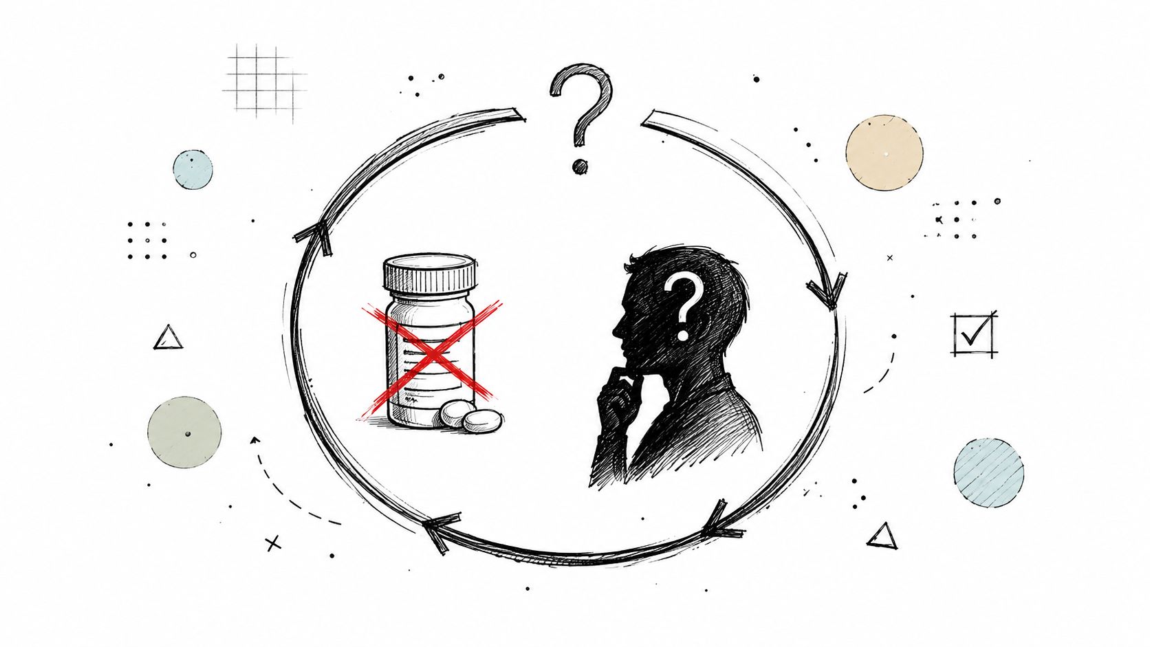 A conceptual illustration of a person contemplating medication with a red cross mark, suggesting potential treatment concerns.