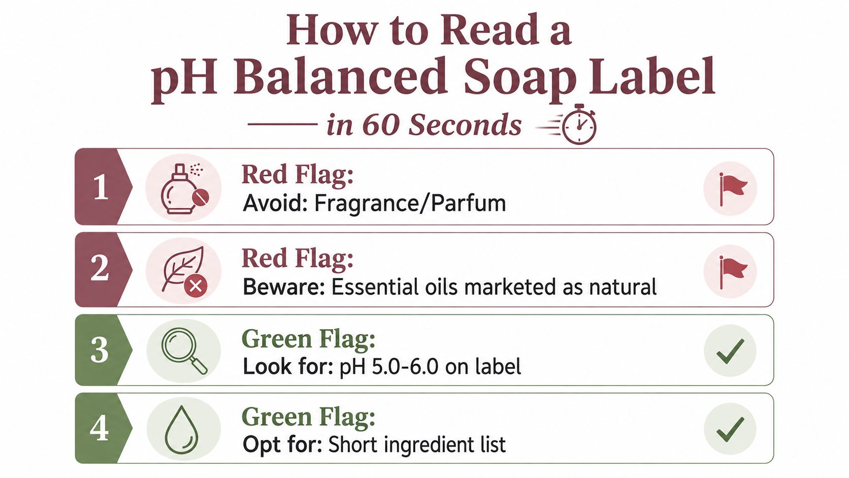 An infographic titled How to Read a pH Balanced Soap Label with four numbered tips on what to avoid and look for.