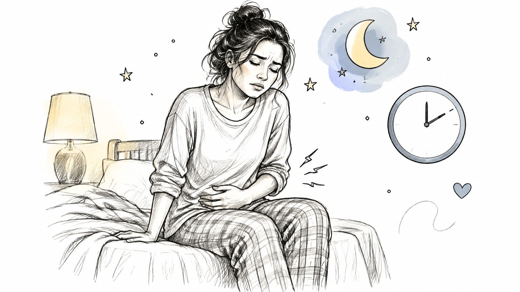 A woman sitting on her bed at night appearing to be in pain from stomach discomfort.