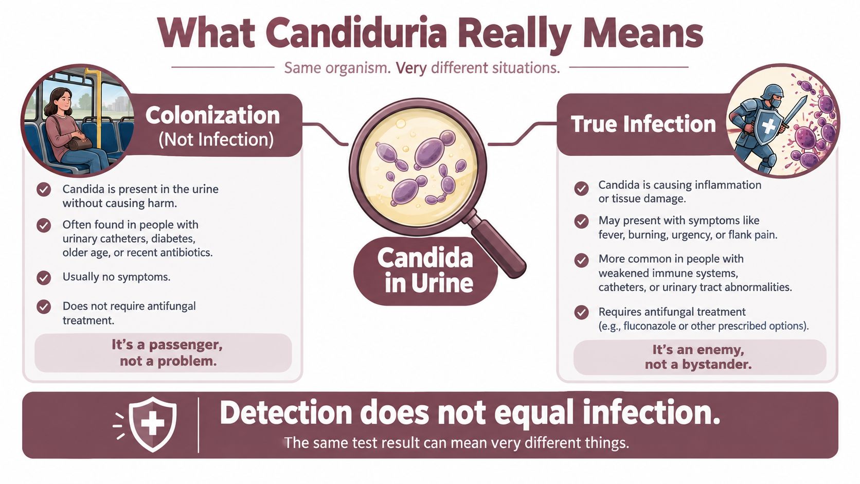 An infographic explaining the difference between Candida colonization and a true infection in the urinary tract.