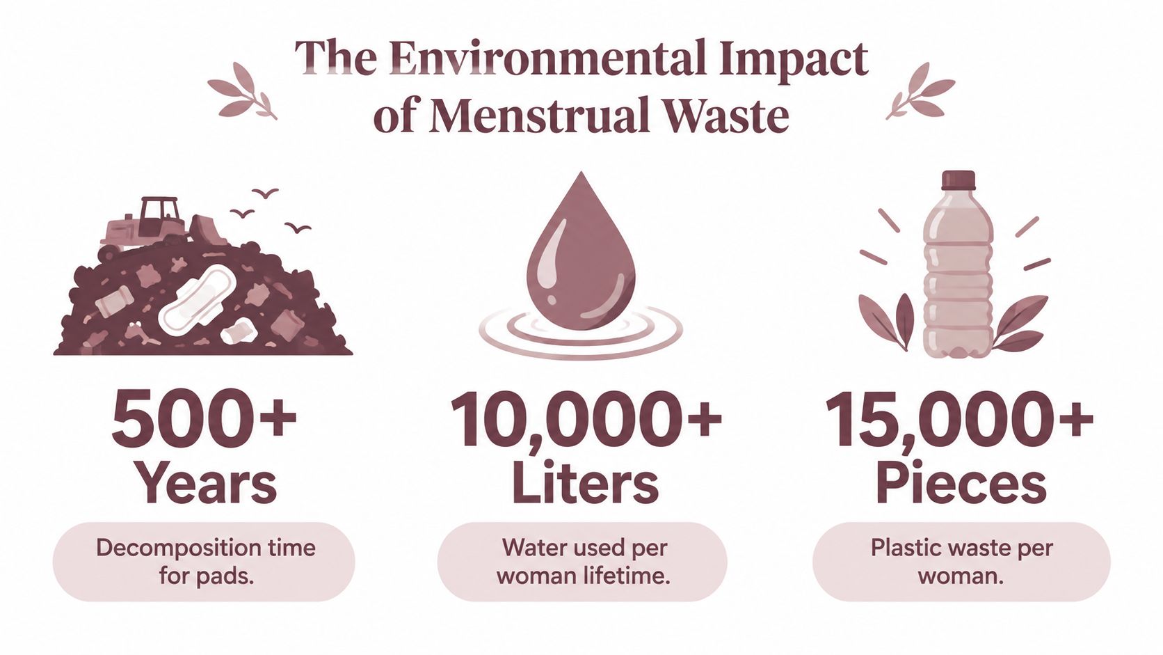 An infographic illustrating the environmental impact of menstrual waste with statistics on decomposition, water use, and plastic.