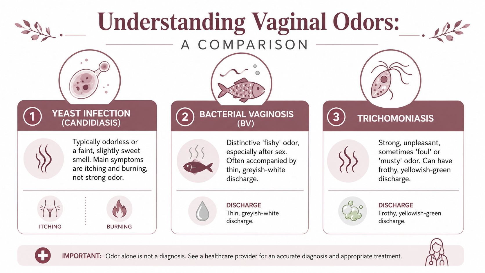 An infographic comparing three common causes of vaginal odors including yeast infections, bacterial vaginosis, and trichomoniasis.