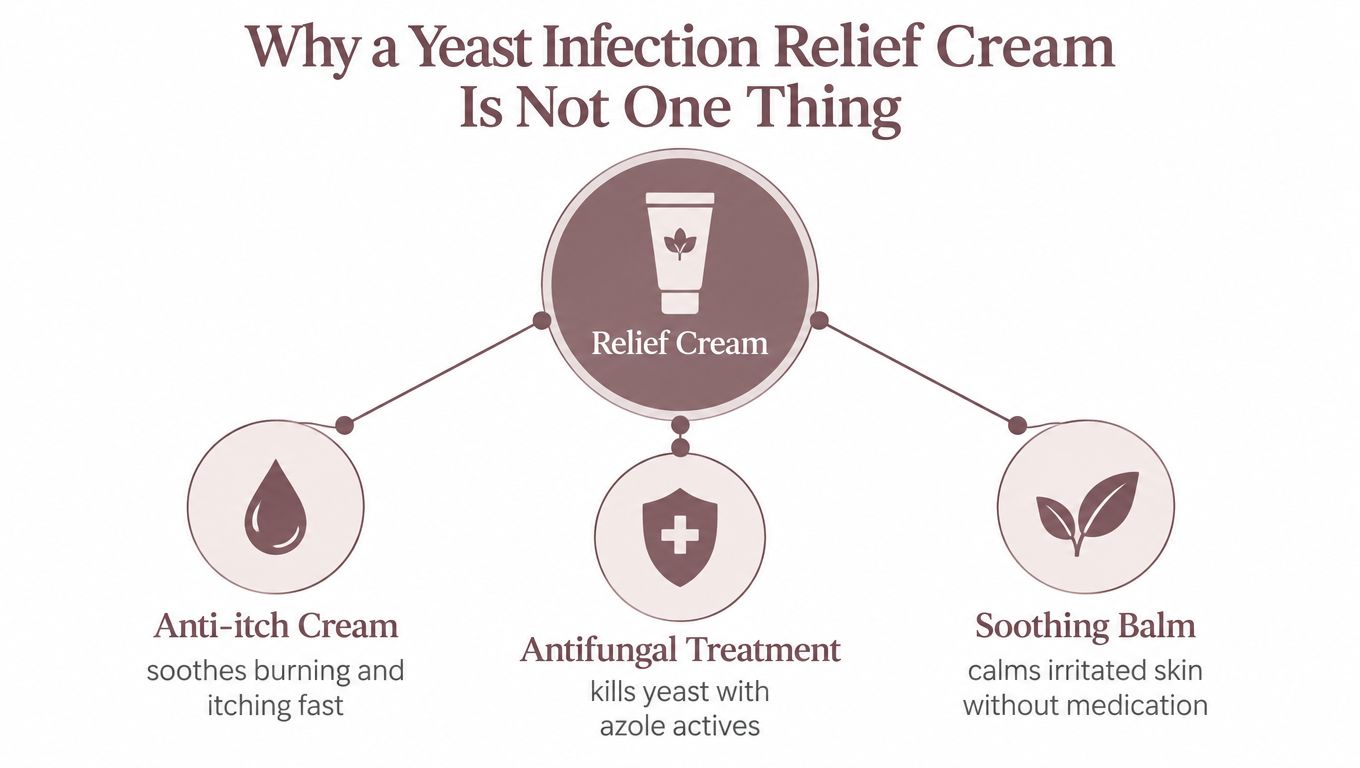 A diagram explaining that yeast infection relief cream consists of anti-itch cream, antifungal treatment, and soothing balm.