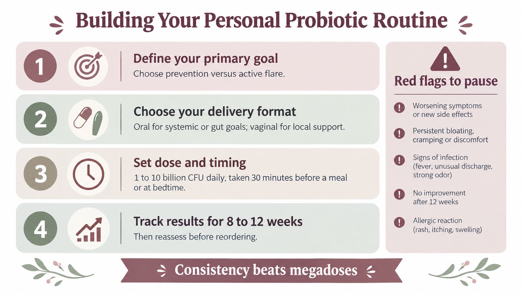 An infographic titled Building Your Personal Probiotic Routine outlining four steps and warning signs to stop usage.