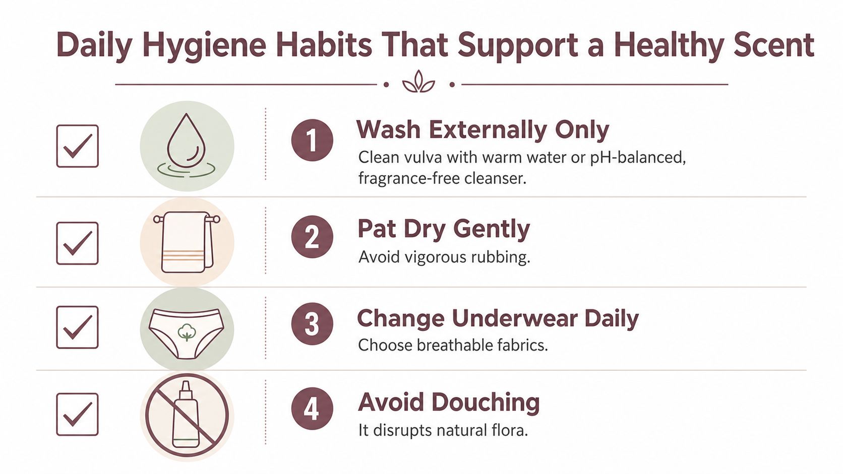 A list of four daily hygiene habits to support healthy vaginal scent, including cleaning, drying, and clothing advice.