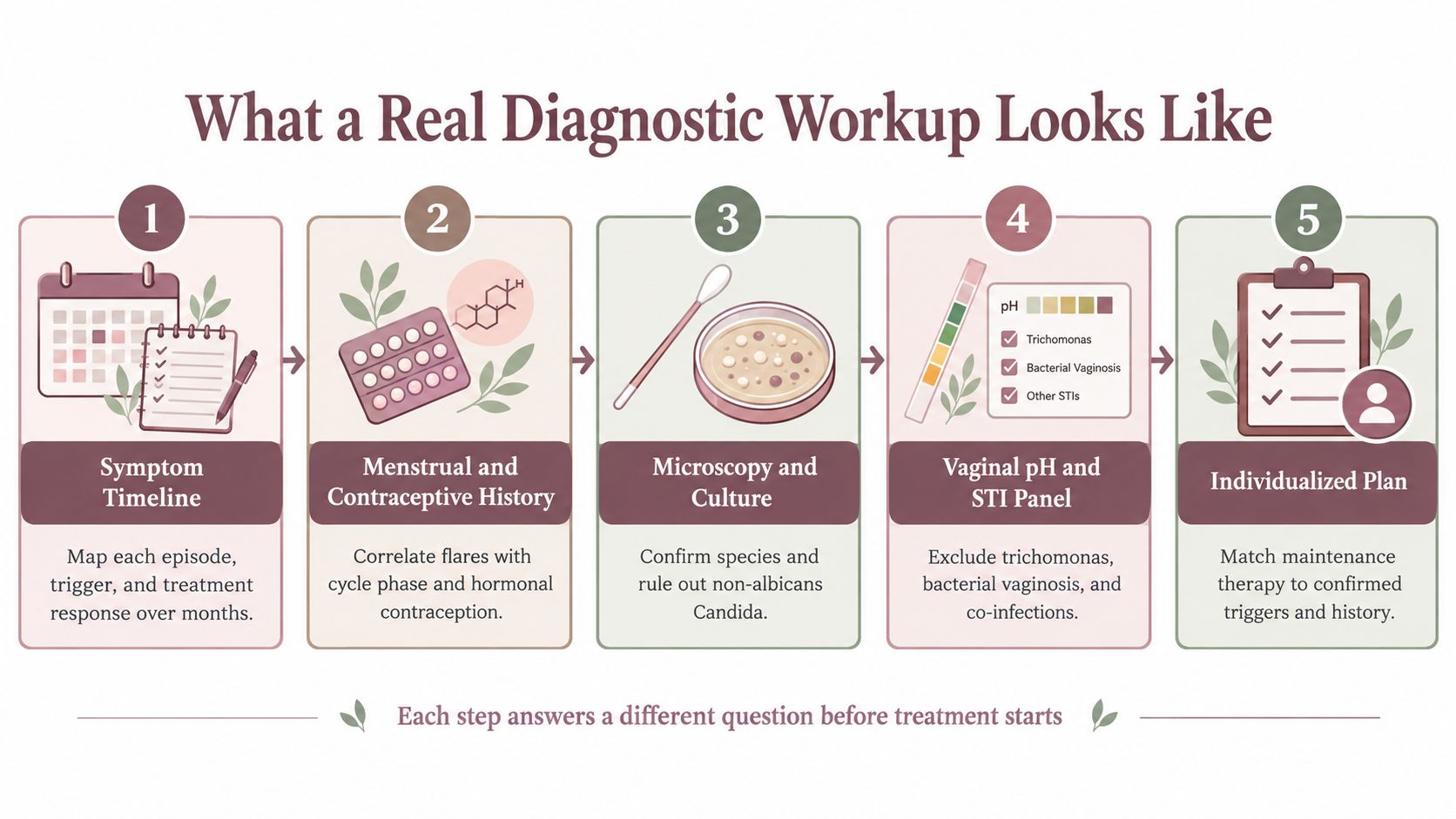 A five-step diagnostic process flow for recurring yeast infections shown through icons and descriptions for clinicians.