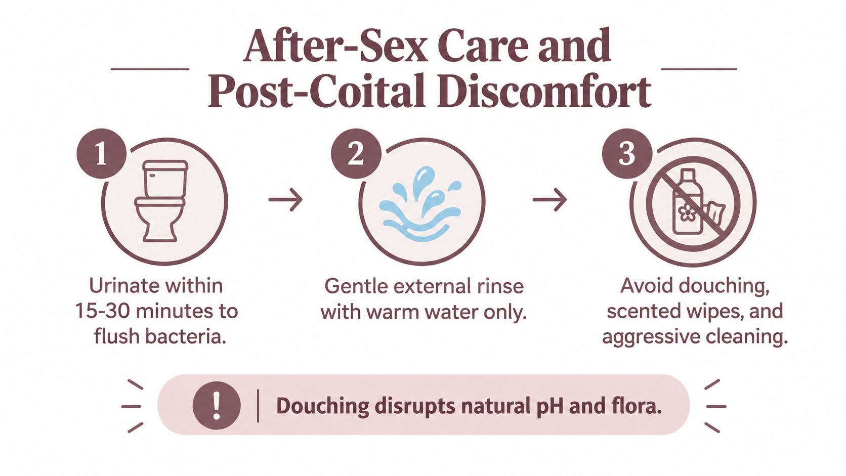 An infographic showing three steps for post-coital care: urinating, rinsing with water, and avoiding harsh cleaning products.