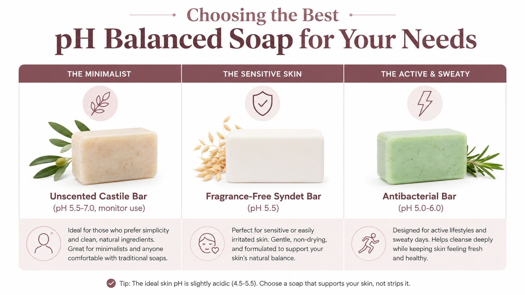 An infographic showing three different types of pH balanced soap bars recommended for various skin needs and lifestyles.