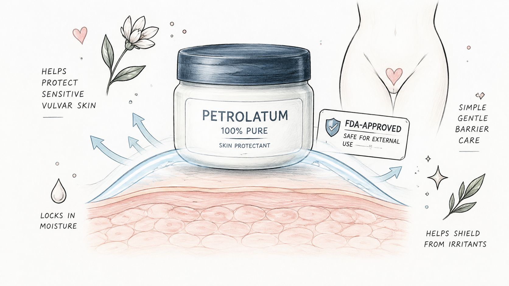 An illustration demonstrating how pure petrolatum ointment creates a protective barrier on sensitive vulvar skin.