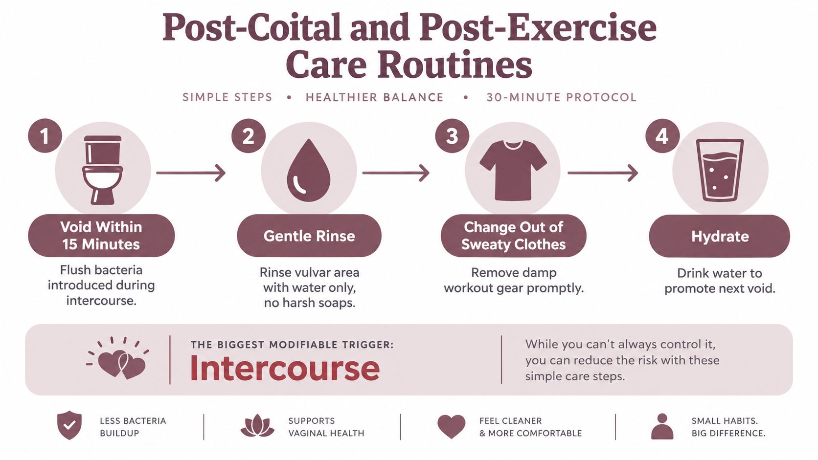 An infographic outlining a four-step post-coital and post-exercise care routine to support vaginal health and prevent infections.