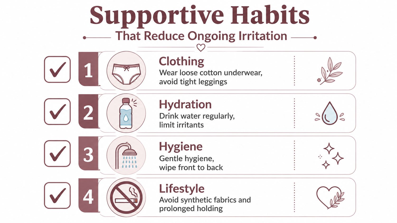 A four-point infographic highlighting healthy lifestyle habits like wearing cotton clothing and proper hygiene to reduce recurring discomfort.