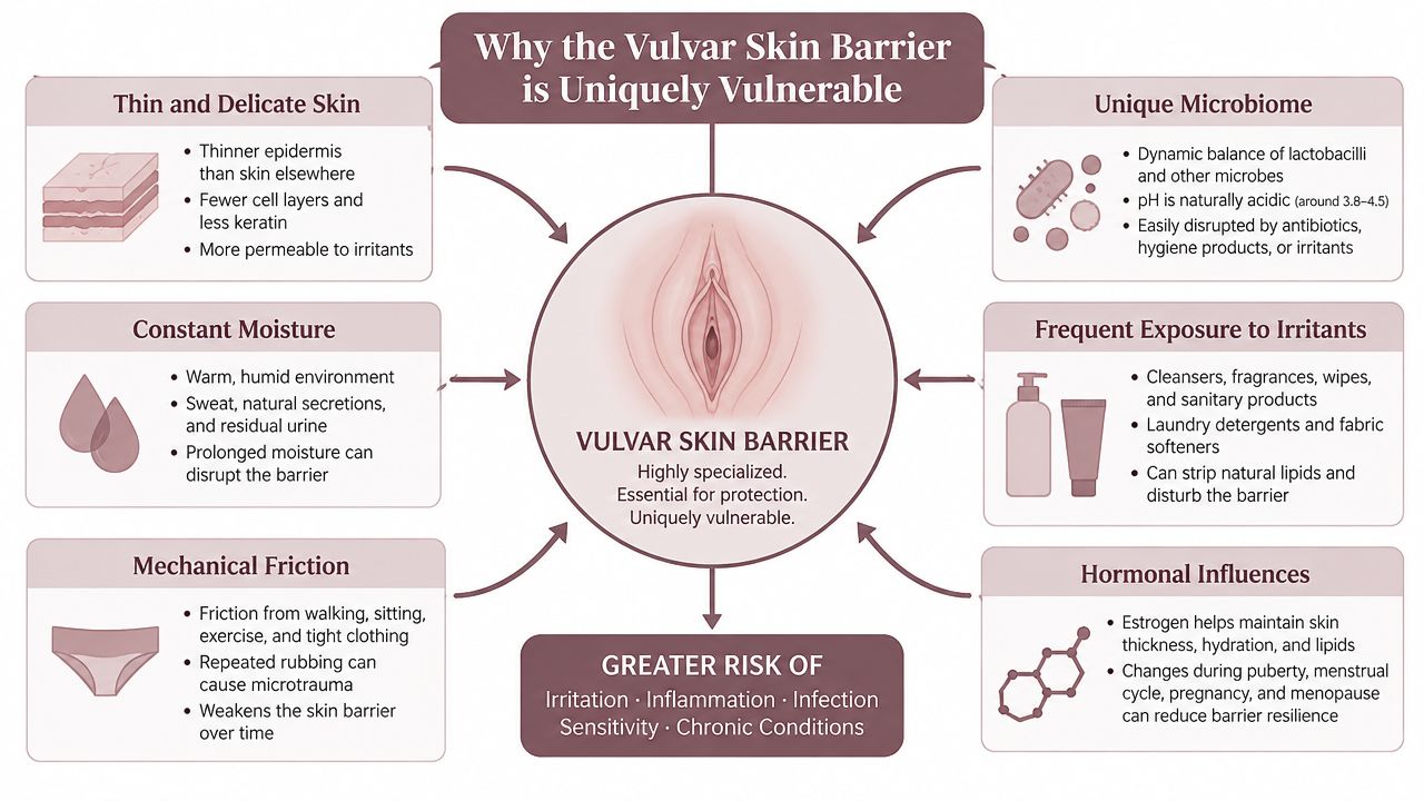 An infographic detailing the various reasons why the vulvar skin barrier is uniquely vulnerable to irritation and damage.