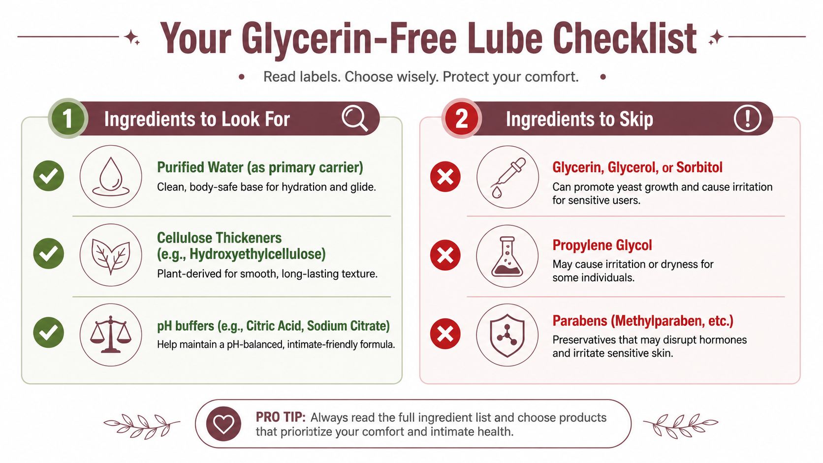 An infographic checklist for selecting glycerin-free personal lubricant, highlighting ingredients to look for and avoid.