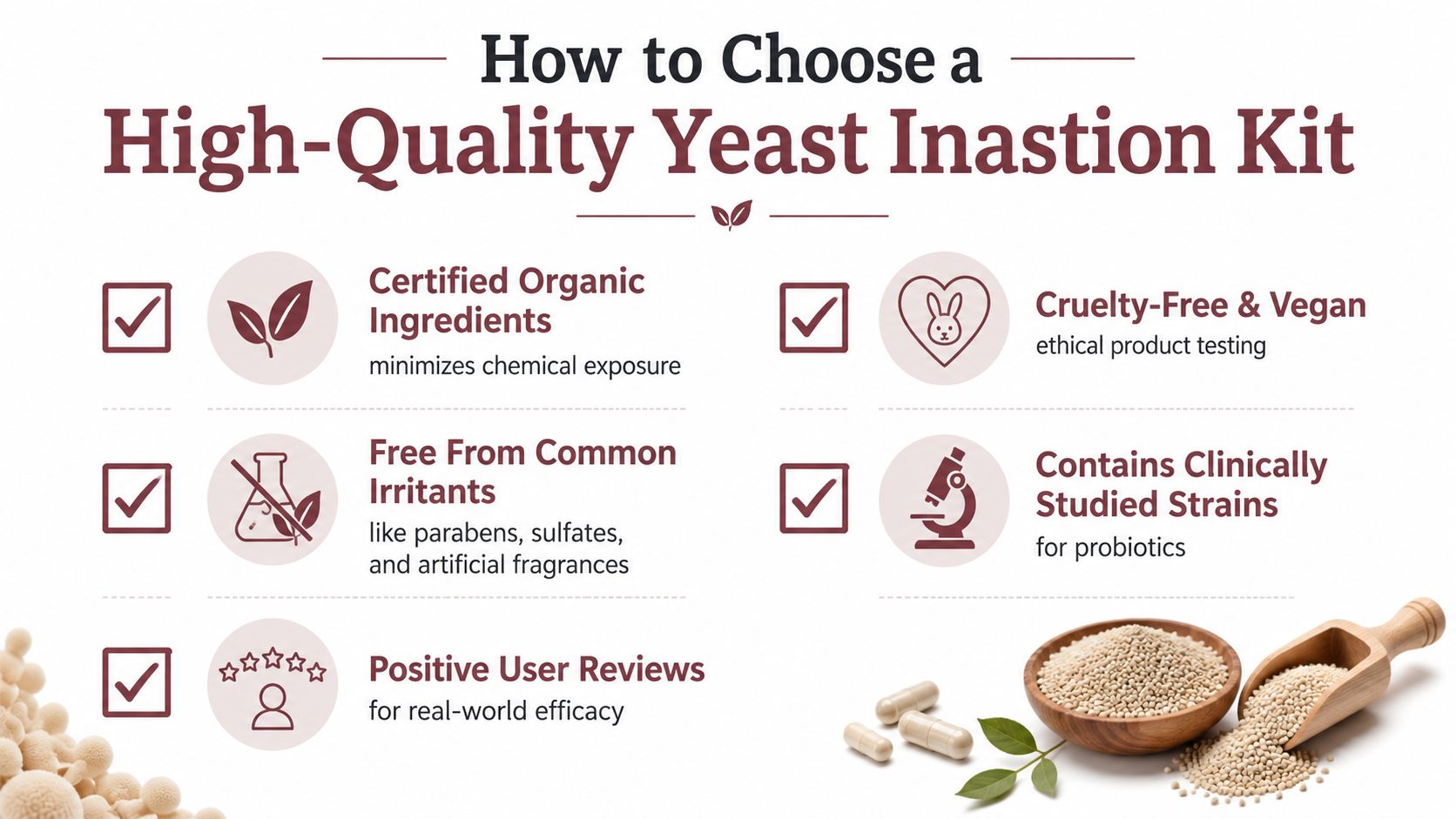An infographic detailing essential criteria for choosing a high-quality, organic, and cruelty-free yeast infection treatment kit.