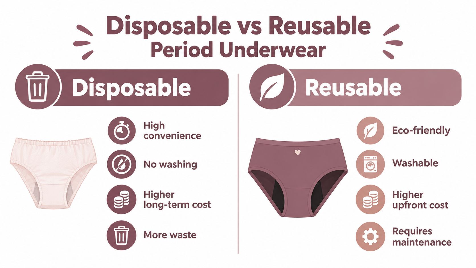A comparison infographic showing the pros and cons of disposable versus reusable period underwear for menstrual cycles.