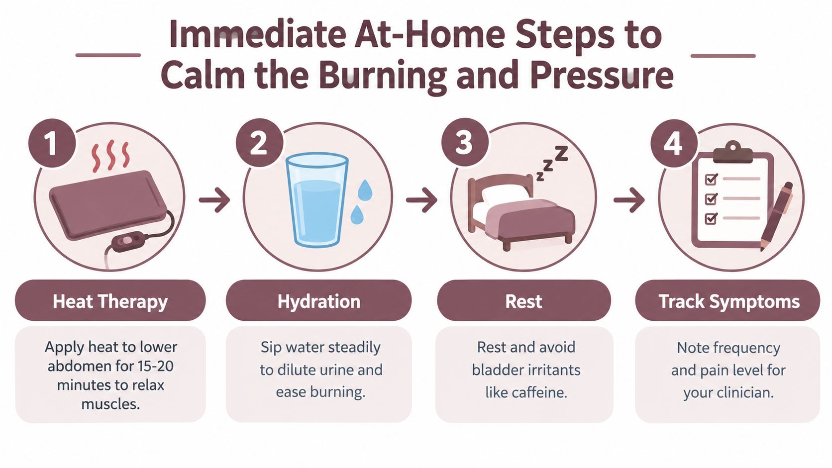 An infographic showing four at-home steps including heat therapy, hydration, rest, and tracking symptoms to relieve urinary pain.