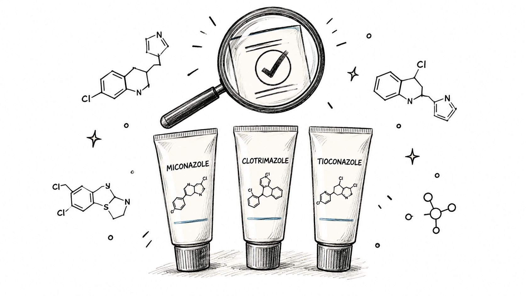 Three tubes of antifungal creams labeled Miconazole, Clotrimazole, and Tioconazole displayed under a magnifying glass icon.