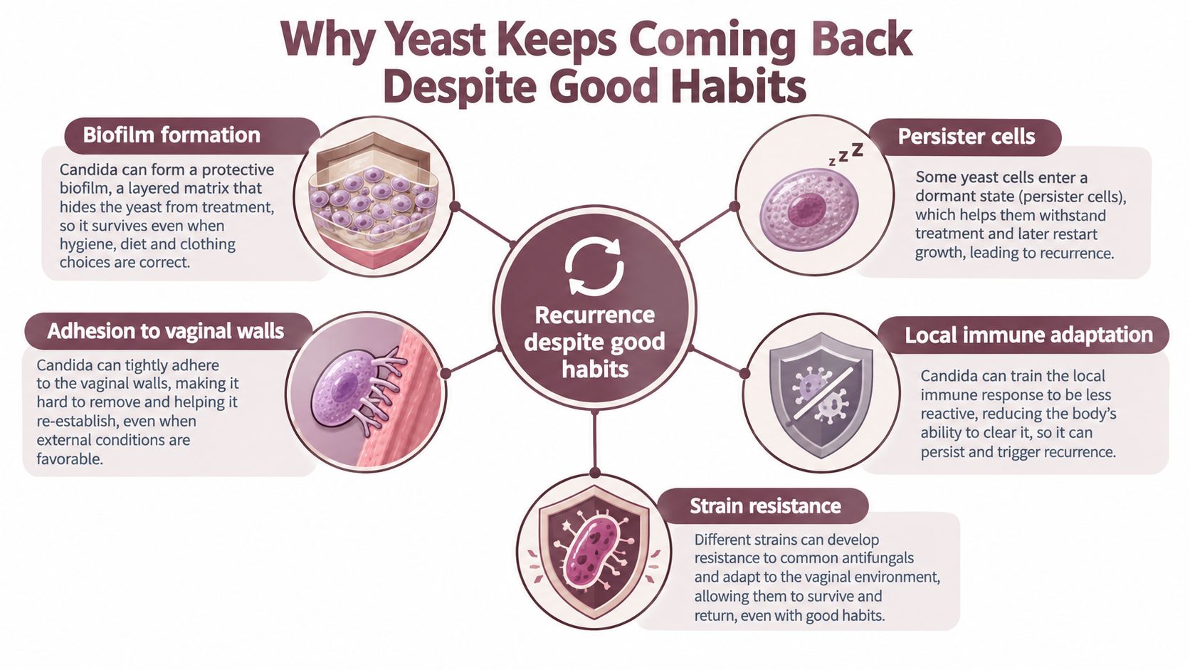 A diagram explaining five scientific reasons why yeast infections recur despite following healthy habits and treatments.