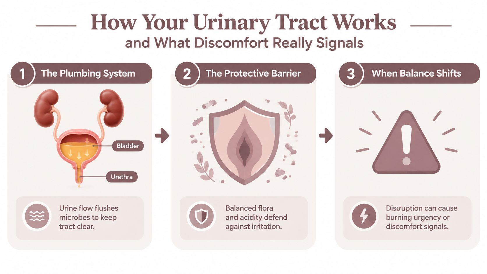 An infographic titled How Your Urinary Tract Works, explaining the plumbing system, protective barriers, and discomfort signals.
