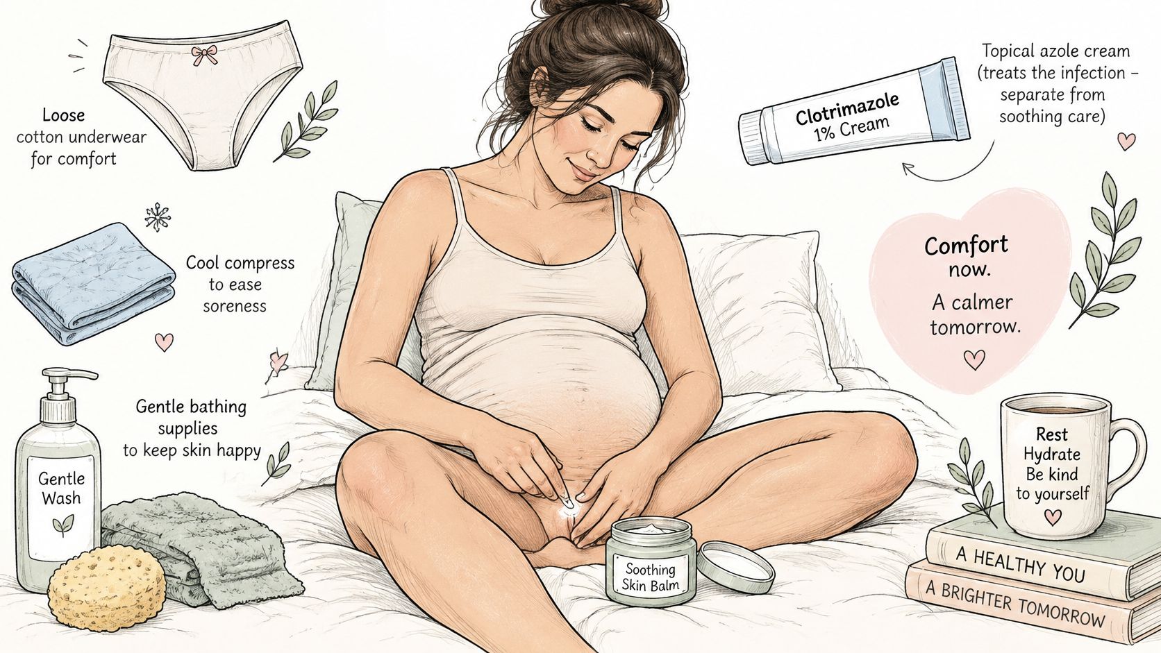 A pregnant woman sitting on a bed surrounded by tips and supplies for relieving yeast infection discomfort.