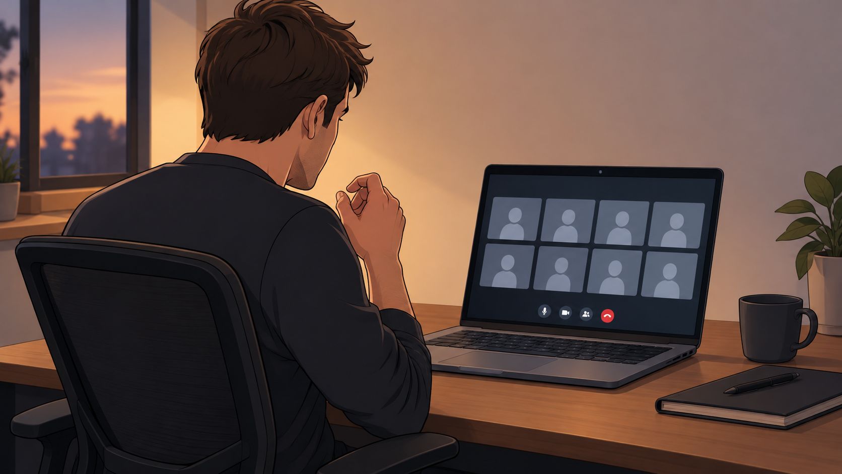 A man sitting at a desk participating in an online video conference on his laptop computer.