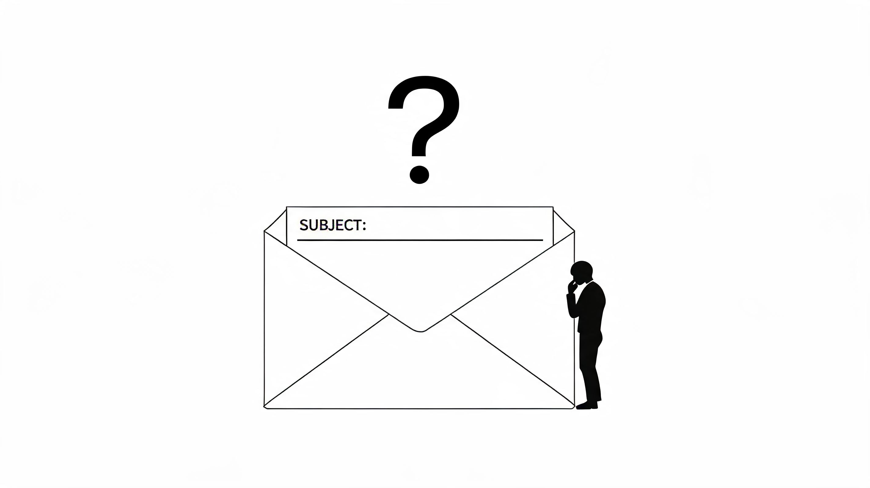A person standing by an open envelope looking puzzled about what to write for an email subject.