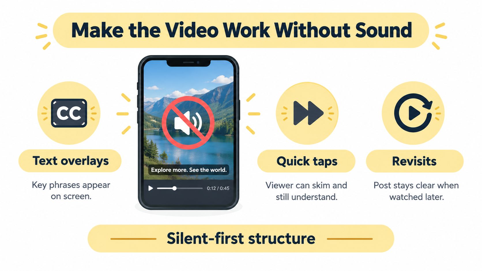 An infographic showing tips for creating engaging videos that are effective even when viewed without sound.