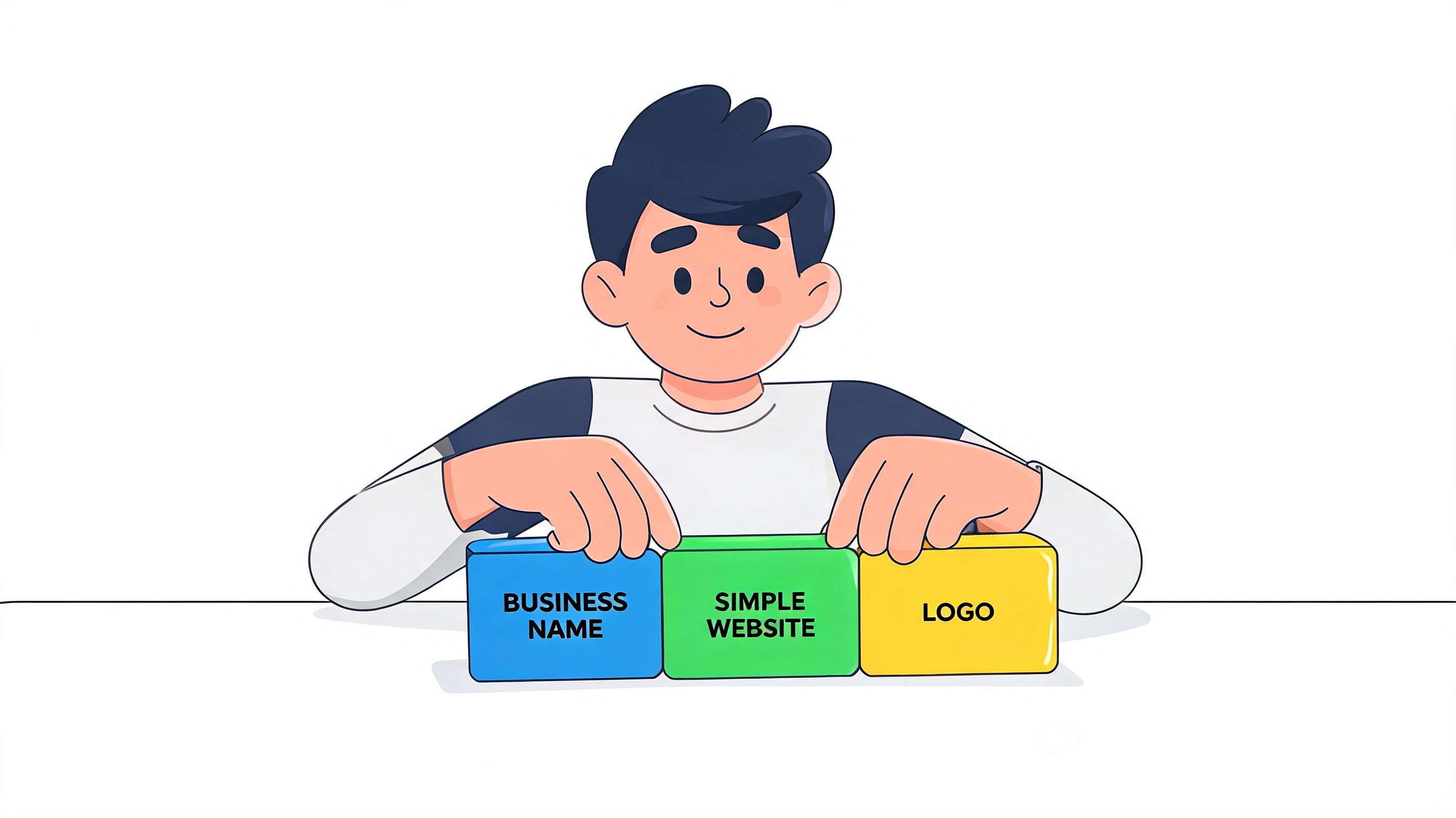 A cartoon illustration of a young man organizing colorful blocks labeled business name, simple website, and logo.