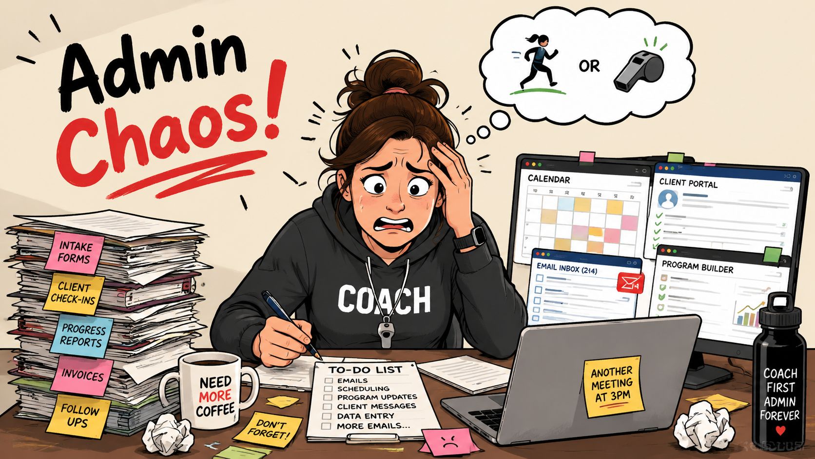 Stressed coach overwhelmed by administrative tasks, paperwork, and computer work at an cluttered office desk.