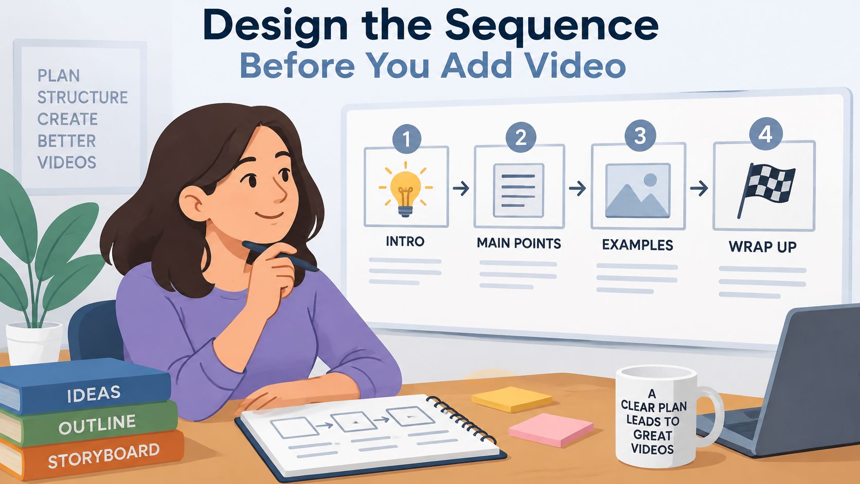 A woman planning video content with a four-step sequence diagram on a whiteboard in her workspace.