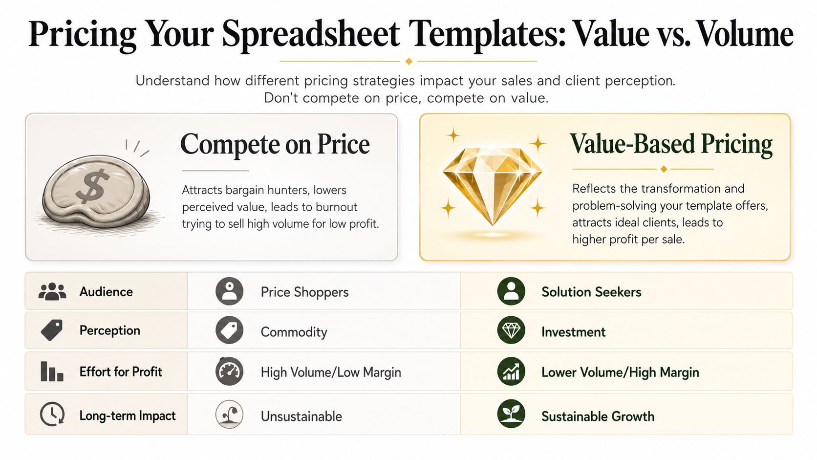 A comparison chart showing the differences between price-based and value-based pricing strategies for selling digital spreadsheet templates.