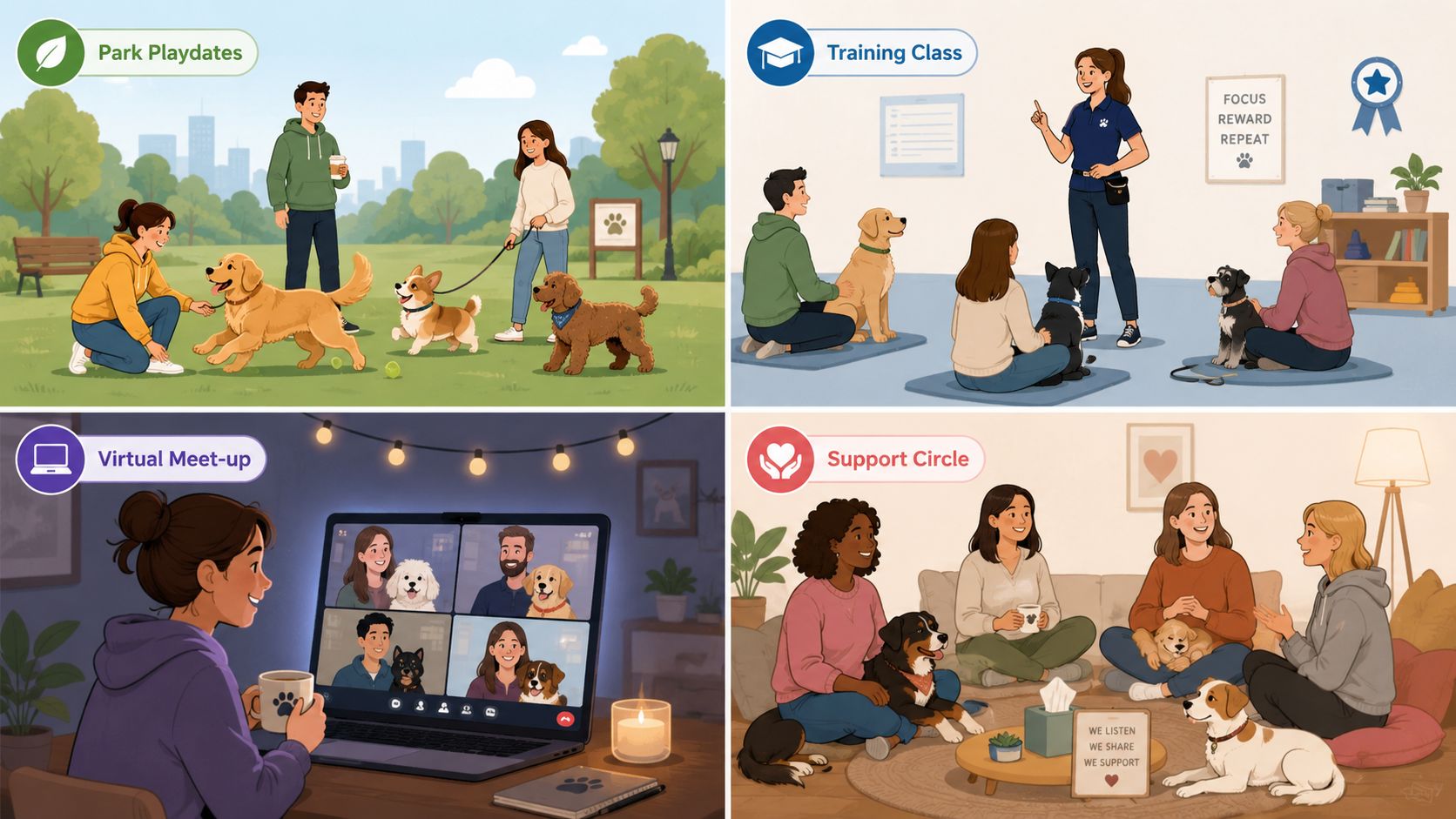 A collage illustrating dog lovers community activities including park playdates, training classes, virtual meetups, and support circles.
