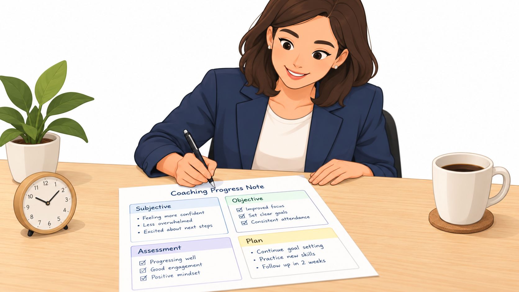 A professional woman writing in a Coaching Progress Note document on her desk with a coffee mug.