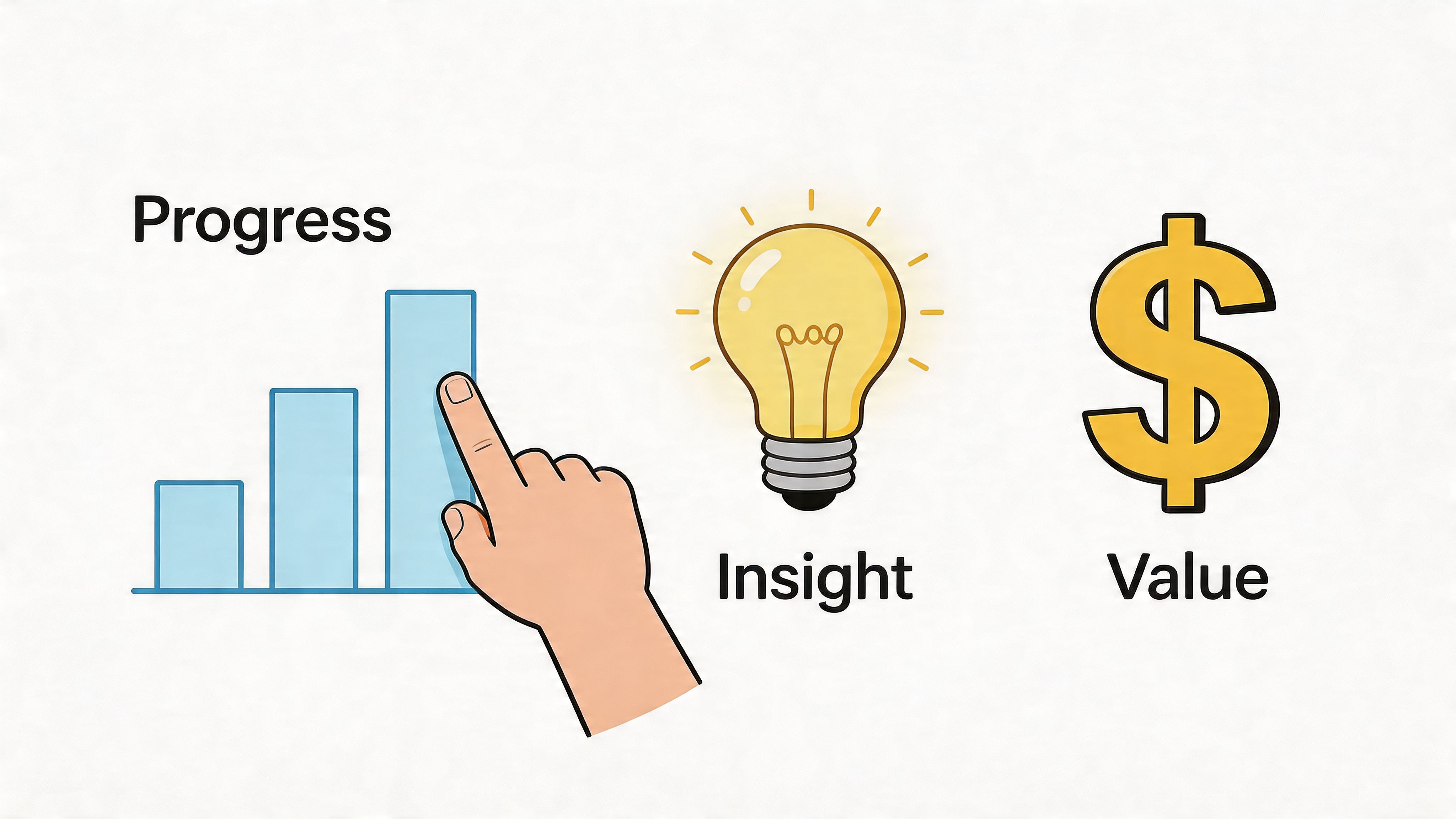An illustration showing icons for progress with a chart, insight with a lightbulb, and value with money.