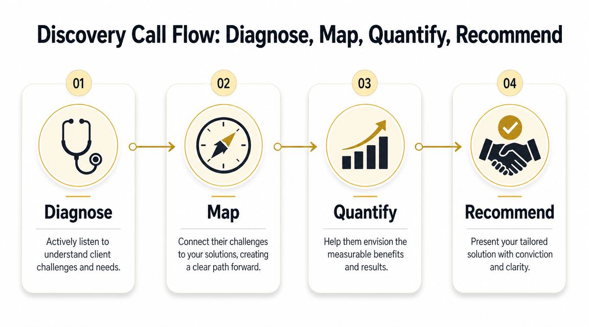 A flowchart infographic outlining four steps for a discovery sales call: Diagnose, Map, Quantify, and Recommend.