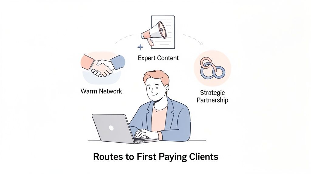 An illustration showing a man working on a laptop, surrounded by three routes to clients: Warm Network, Expert Content, and Strategic Partnership.