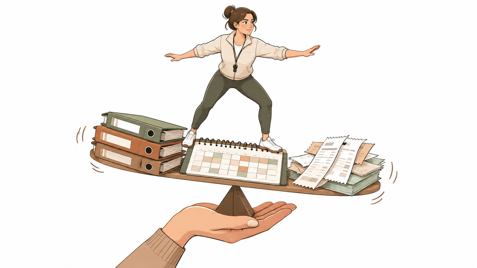 A woman balancing on a scale between stacks of office binders and loose papers to manage tasks.