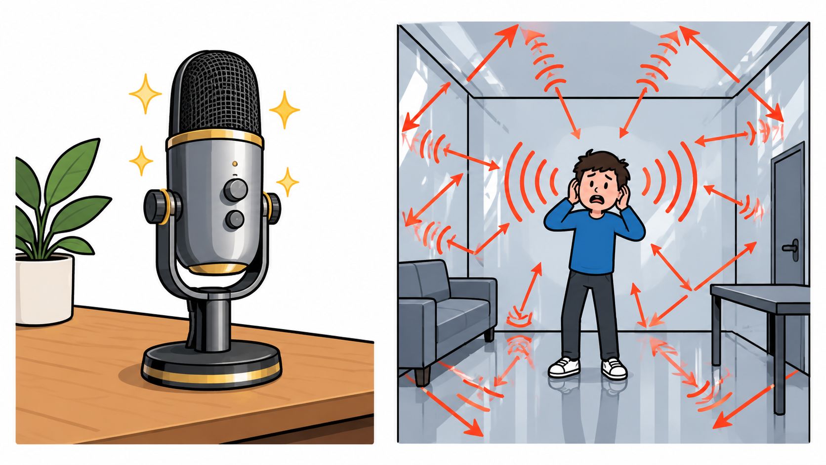 A split-screen illustration showing a studio microphone on the left and a person experiencing room sound echoes.