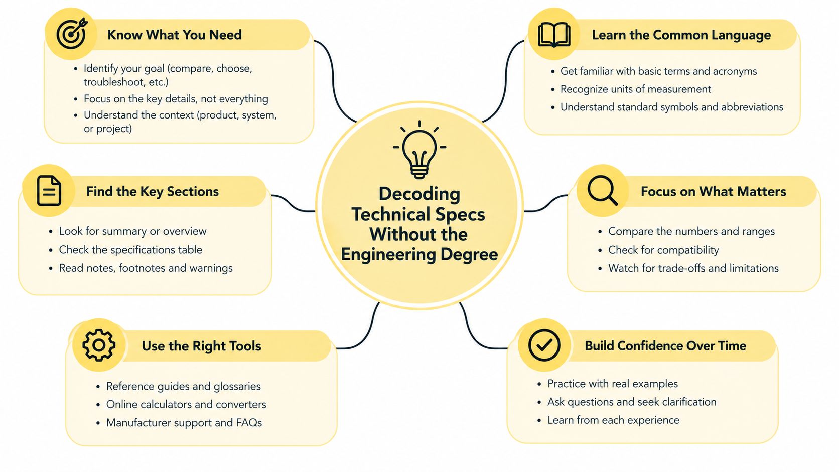 A mind map showing steps for understanding technical specifications without needing an engineering degree or formal training.