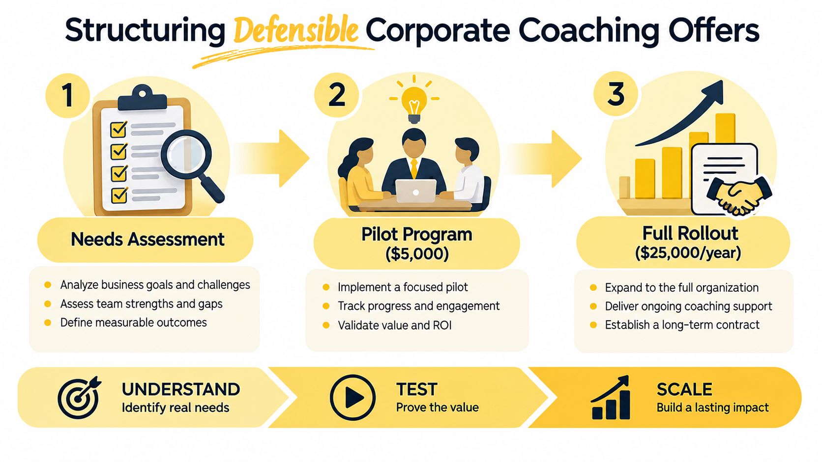 A three-step infographic showing the process of structuring defensible corporate coaching offers including needs assessment, pilot programs, and rollout.