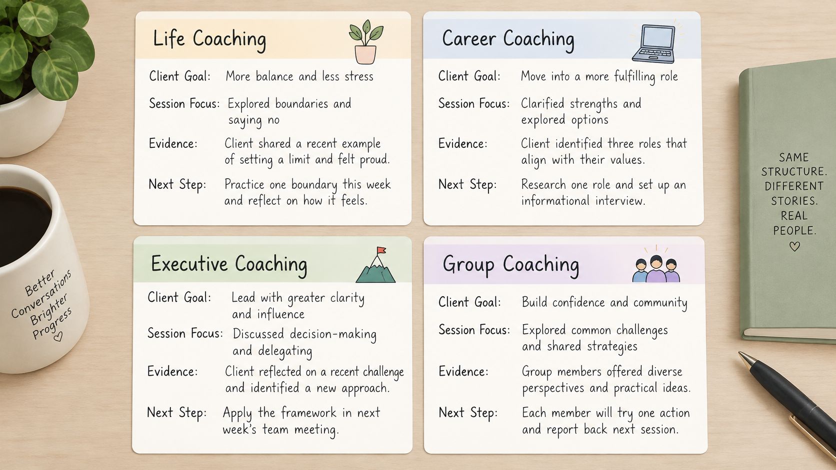 Four coaching note cards detailing goals, session focus, evidence, and next steps for professional development coaching sessions.