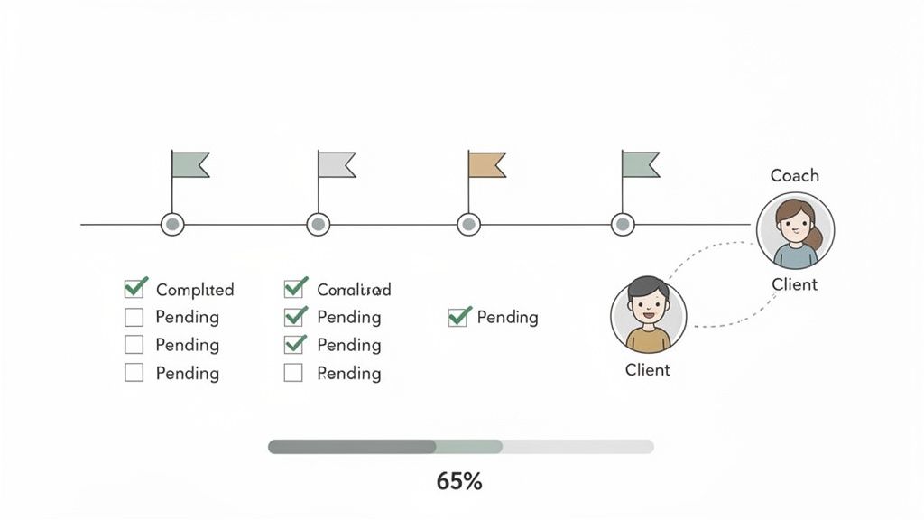Project timeline with milestones, task checklists showing completed and pending items, and coach-client interaction, with 65% progress.