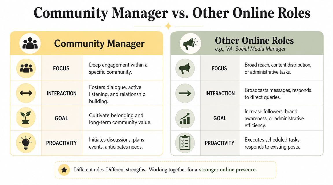 A comparison chart showing the differences between community manager roles and other online roles like social media managers.