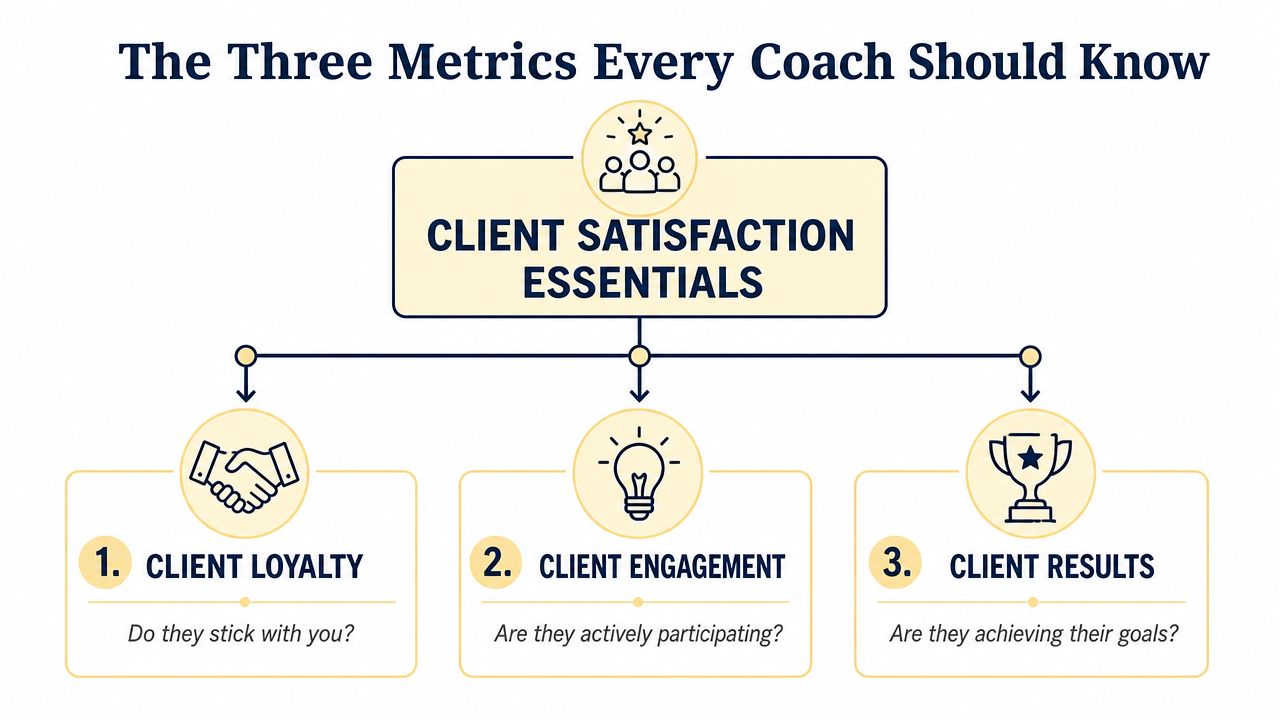 A diagram illustrating three key client satisfaction metrics for coaches: client loyalty, client engagement, and client results.
