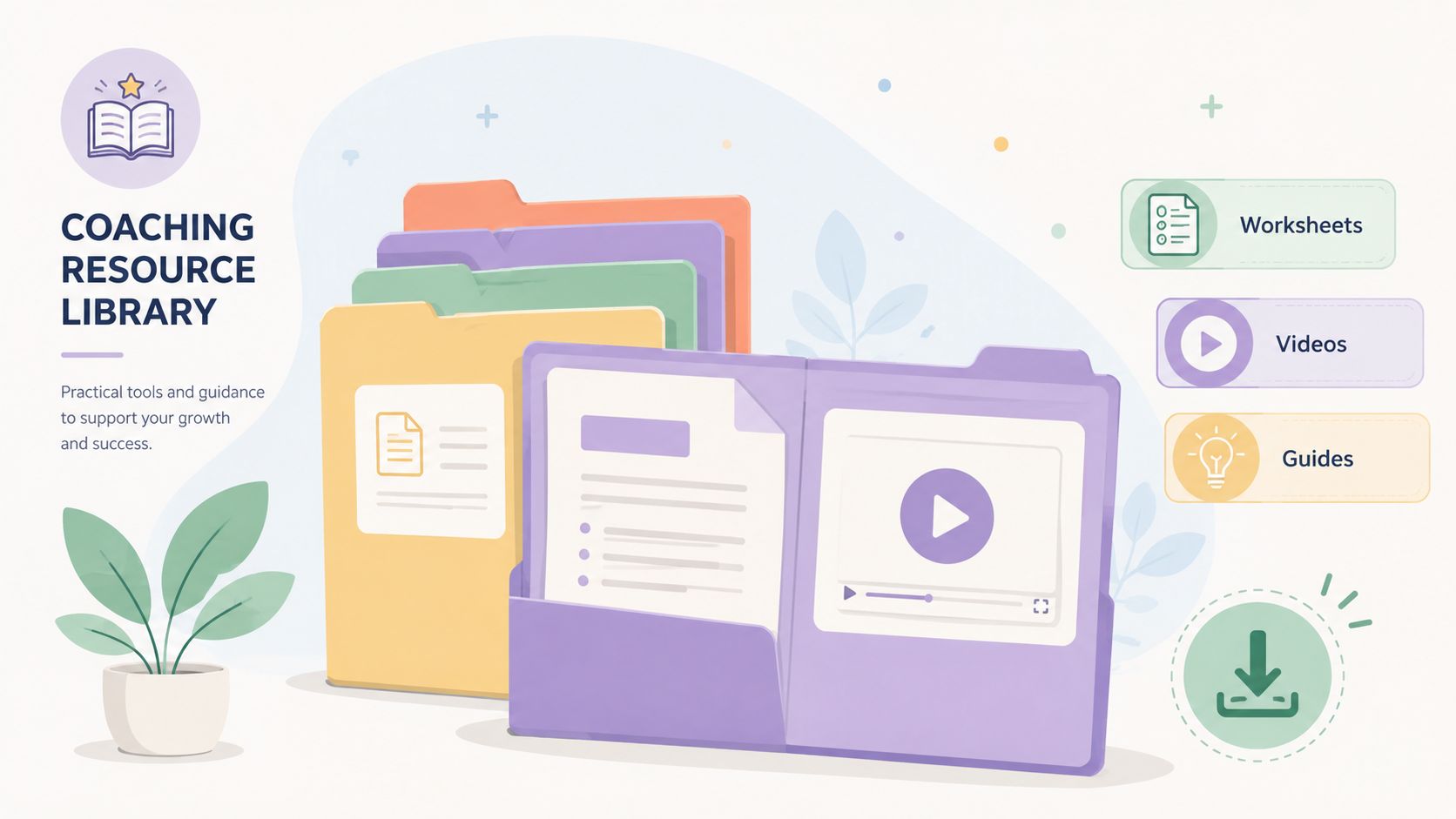 A colorful illustration of a coaching resource library with folders, worksheets, videos, and guides for goal achievement.