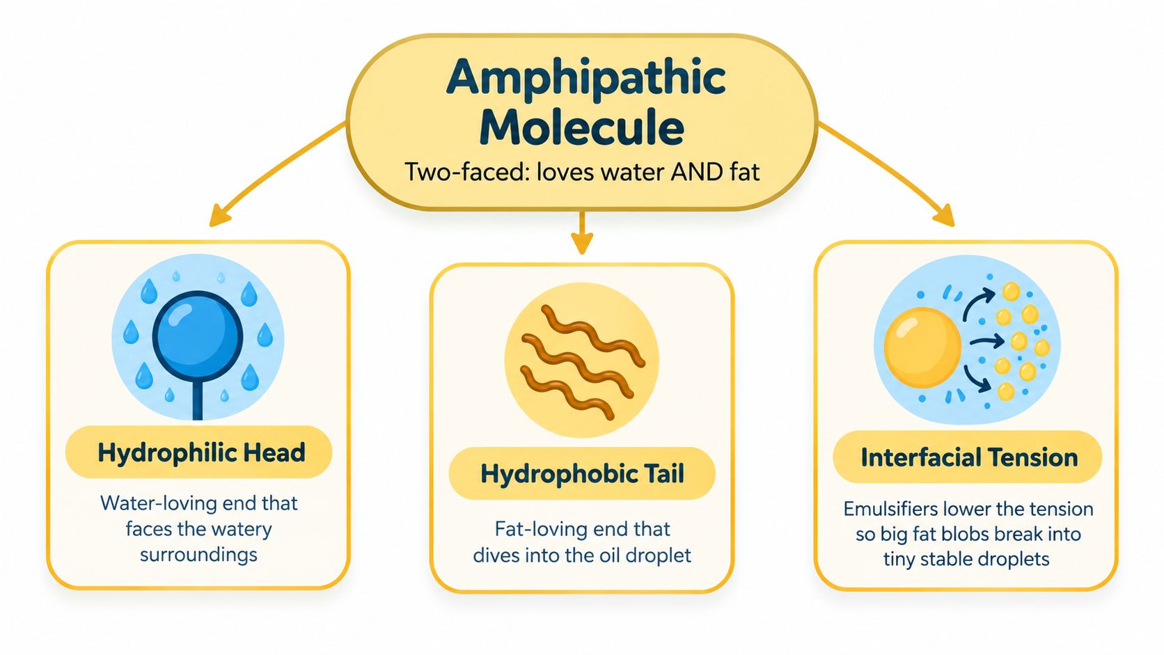 An educational diagram showing an amphipathic molecule with a hydrophilic head, hydrophobic tail, and interfacial tension.