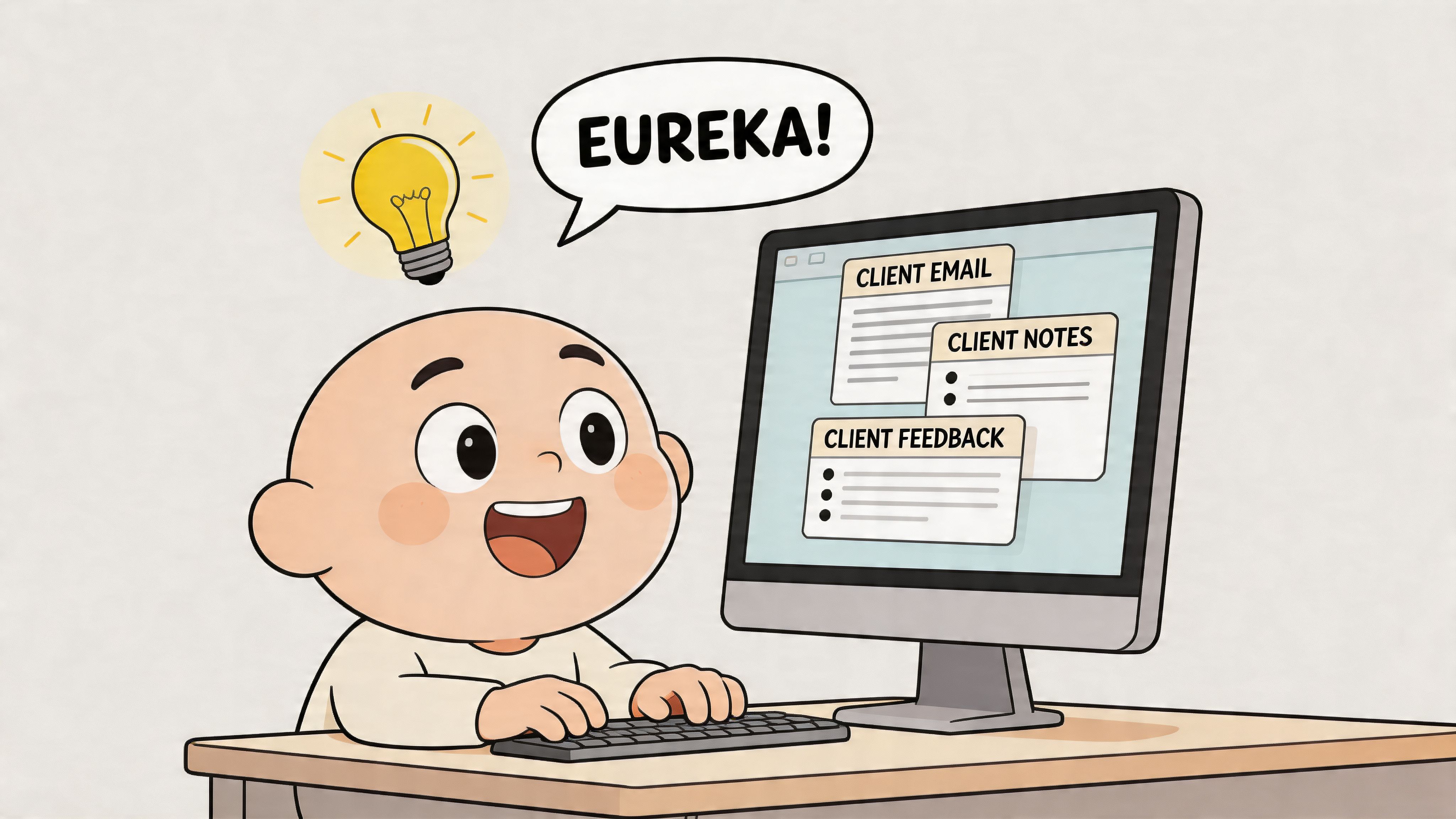A cute cartoon baby happily typing on a computer while brainstorming ideas for digital products.