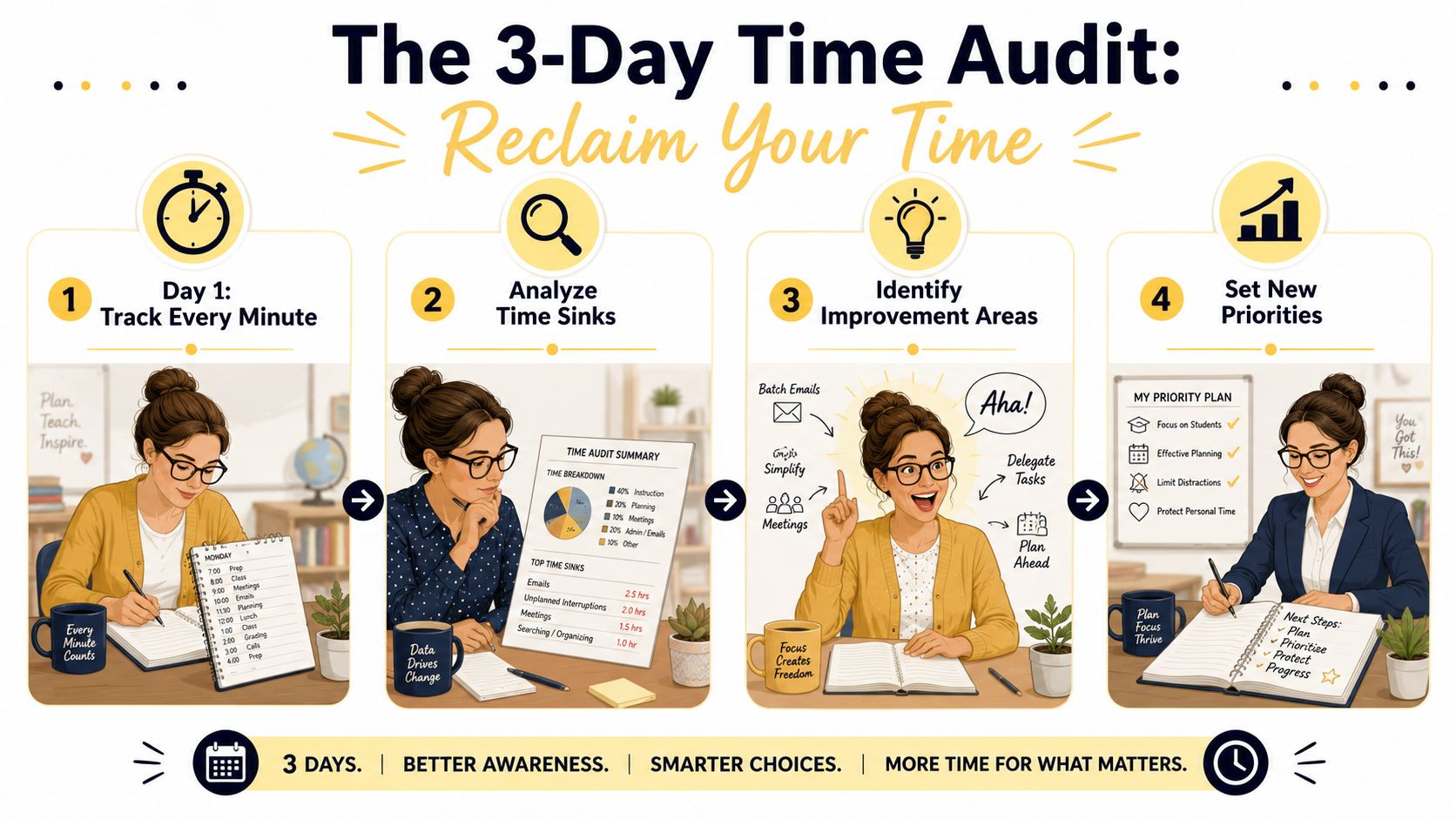 A four-step infographic illustrating a time management audit process for teachers to reclaim their productive time.