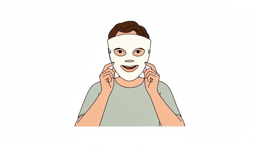 A cartoon illustration of a person applying a white face mask with their hands, smiling.