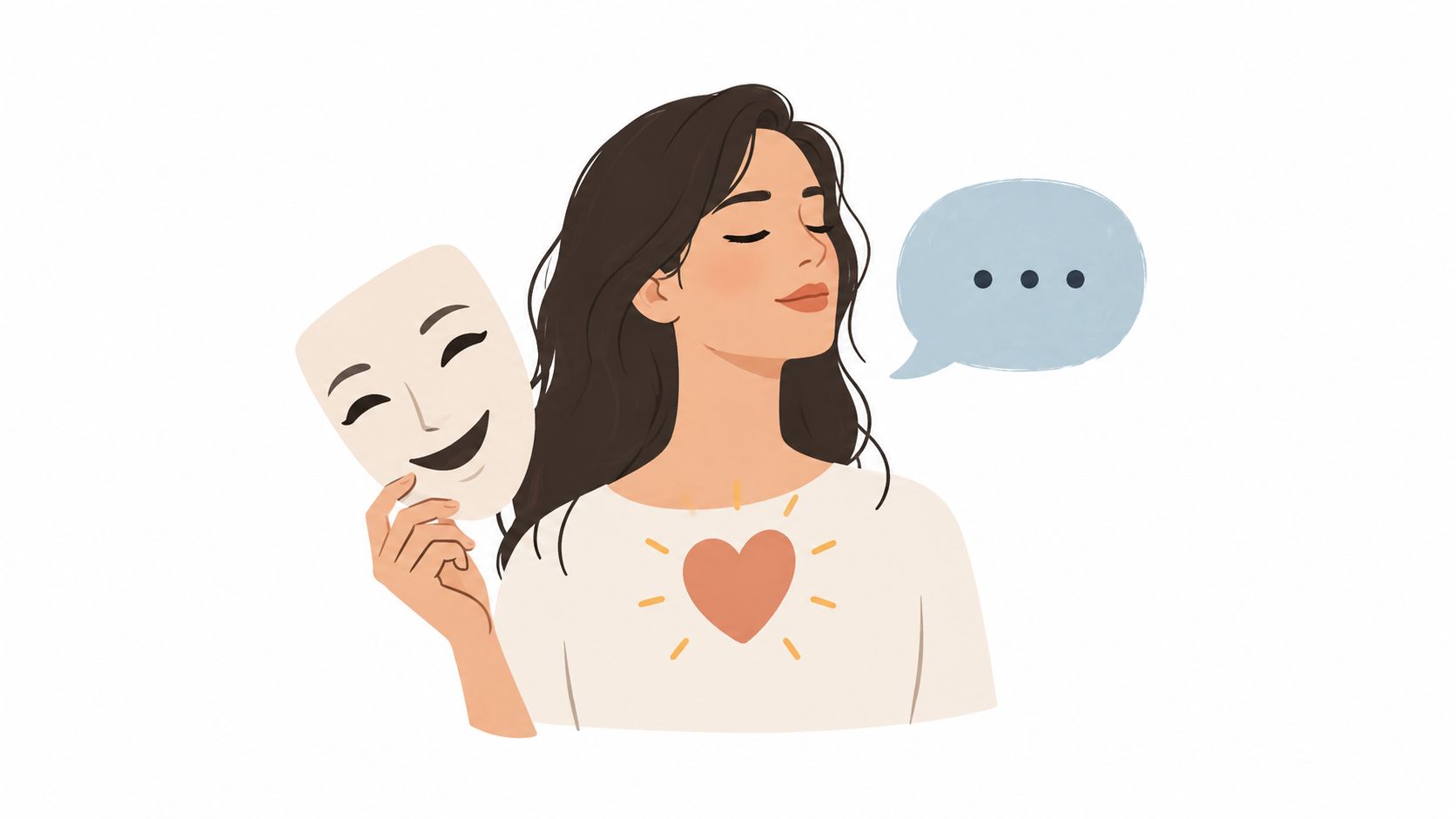 A woman holding a happy mask while showing a calm expression with a heart symbol on her chest.
